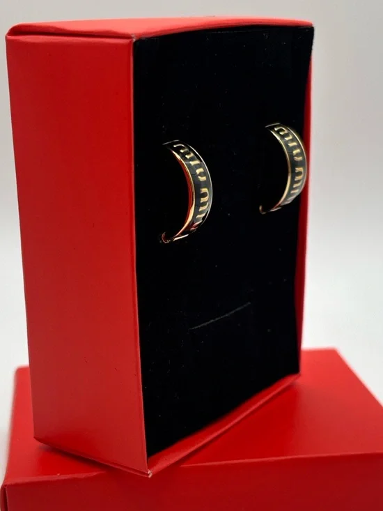 Luxury Designer Gold Tone Small Hoop Earrings Black Enamel Polished Logo Accent - Picture 8 of 15